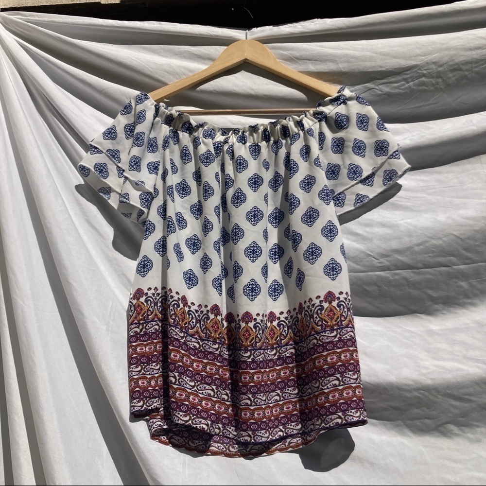 Pink Rose Boho Top, White Background with a Bohemian Design, Size Large.